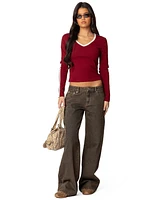 Edikted Womens Contrast V Neck Long Sleeve T Shirt