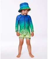 Deux par Boy Printed Long Sleeve One-Piece Rashguard Vibrant Blue And Green Dino - Toddler|Child