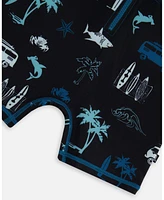 Deux par Boys Printed Long Sleeve Rashguard Light Blue Beach On Black