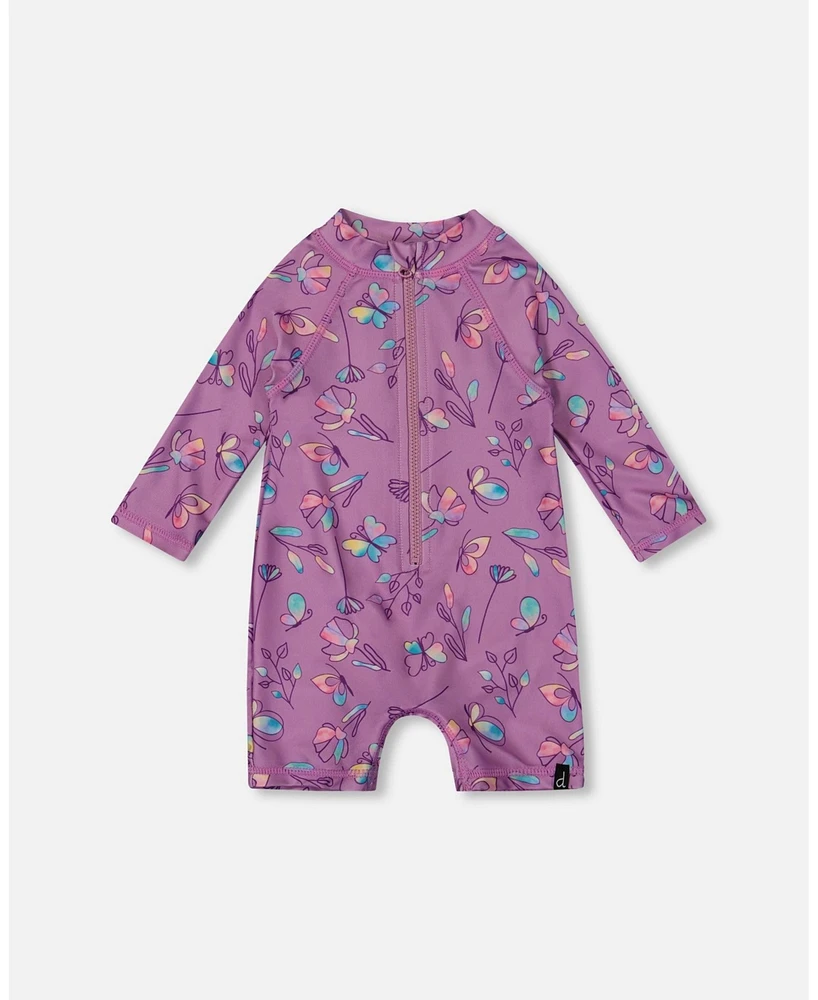 Deux par Baby Girls Printed Long Sleeve One-Piece Rashguard Old Mauve And Multicolored Butterflies