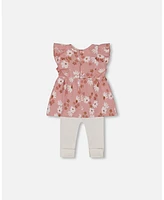 Deux par Baby Girls Printed Muslin Tunic And Rib Leggings Set Pink White Flowers