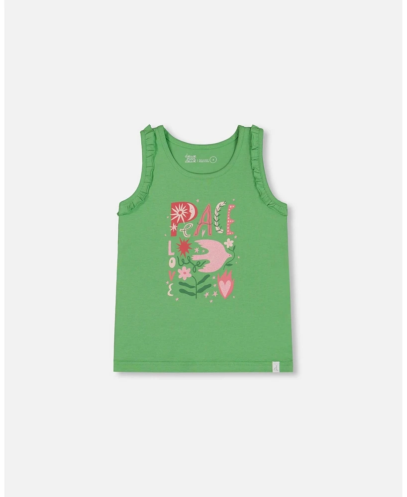 Deux par Toddler Girls Organic Cotton Tank With Frills Flowers On Green Background - Toddler|Child