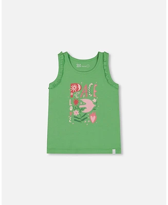 Deux par Deux Toddler Girls Organic Cotton Tank With Frills Flowers On Green Background - Toddler|Child