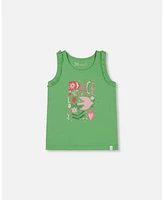 Deux par Toddler Girls Organic Cotton Tank With Frills Flowers On Green Background - Toddler|Child