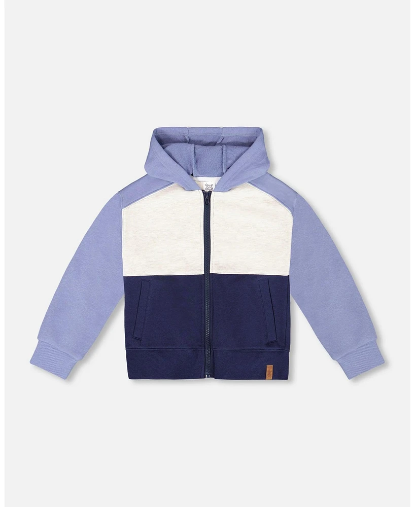 Deux par Big Boys French Terry Color Block Full Zip Hoodie Sweatshirt Blue, Navy And Cream