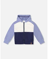 Deux par Big Boys French Terry Color Block Full Zip Hoodie Sweatshirt Blue, Navy And Cream