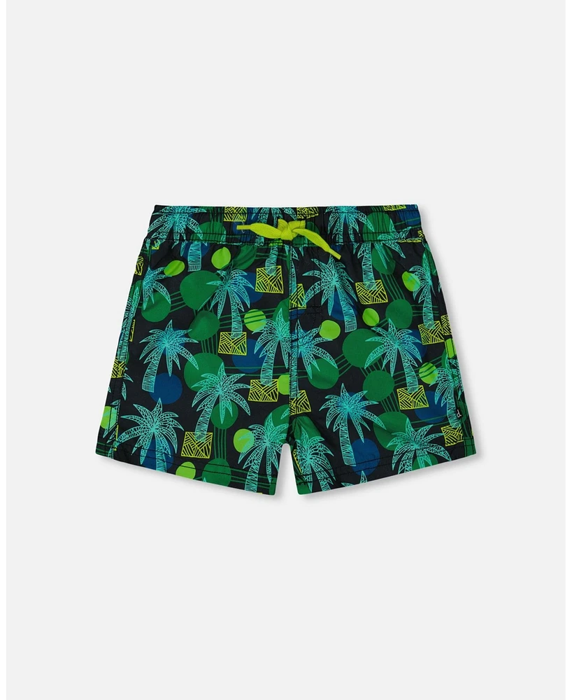 Deux par Boys Printed Swim Trunks Green Jungle On Black