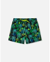 Deux par Boys Printed Swim Trunks Green Jungle On Black