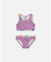 Deux par Girls Printed Two-Piece Swimsuit Old Mauve And Multicolored Butterflies