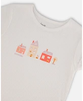 Deux par Toddler Girls Flat Back Rib Top With Print White And Pink House - Toddler|Child