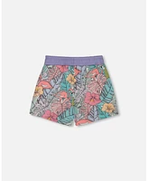 Deux par Big Girls Printed French Terry Short Lilac Tropical And Pink Flamingos