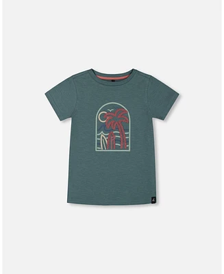 Deux par Toddler Boys Short Sleeve Organic Cotton Graphic Tee Teal And Dark Old Rose - Toddler|Child