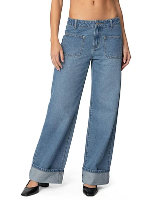 Edikted Womens Madi Cuffed Low Rise Jeans