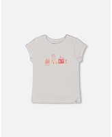 Deux par Baby Girls Flat Back Rib Top With Print White And Pink House