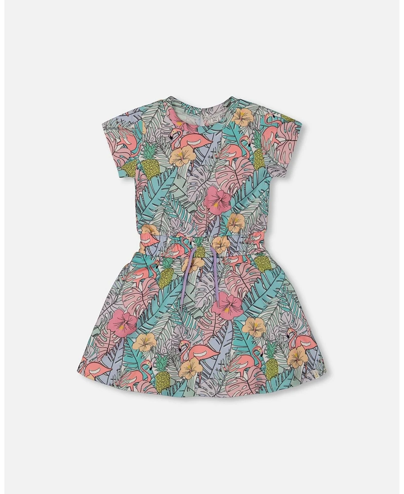 Deux par Toddler Girls Printed French Terry Dress Lilac Tropical And Pink Flamingos - Toddler|Child