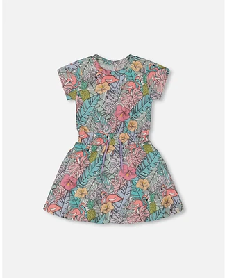 Deux par Toddler Girls Printed French Terry Dress Lilac Tropical And Pink Flamingos - Toddler|Child