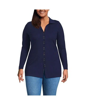 Lands' End Women's Plus Long Sleeve Polished Rib Button Through Tunic Shirt