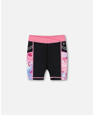 Deux par Girl Printed Athletic Biker Short Black, Pink And Multicolored Butterflies - Toddler|Child