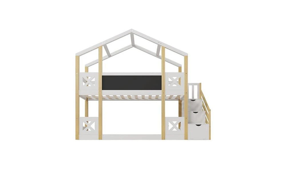 House Bunk Bed with Storage Staircase and Blackboards