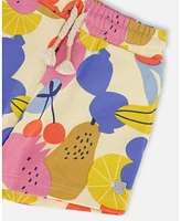 Deux par Big Girls Printed French Terry Short Fruits On Yellow Background