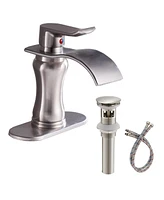 Waterfall Single Hole Single-Handle Low-Arc Bathroom Faucet With Supply Line In Brushed Nickel