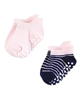 Hudson Baby Infant Girl Non-Skid No-Show Socks, Pink Navy Stripe, Months