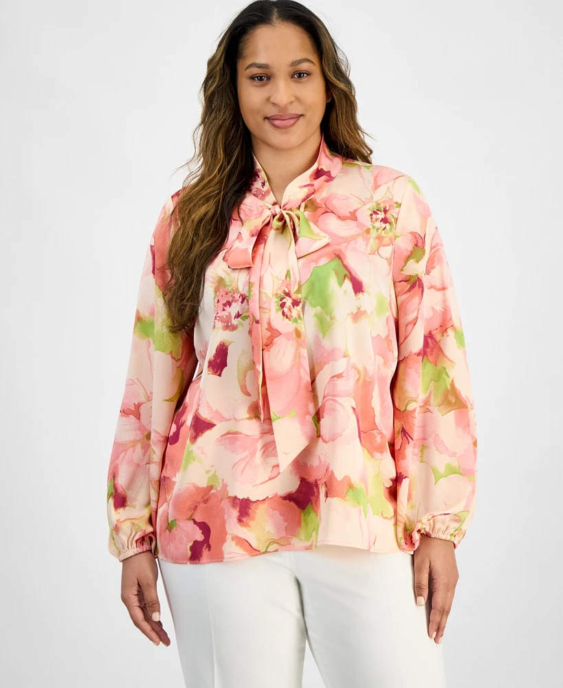 Tahari Asl Plus Floral-Print Tie-Neck Blouse