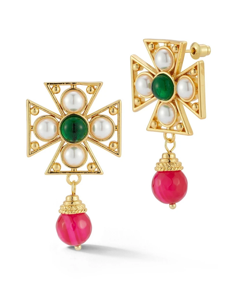 Rachel Zoe Gold Plated Bold Crystal and Pearl Cross Drop Earrings