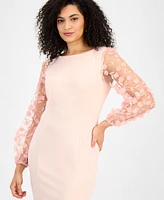 Connected Petite Sheer-Sleeve Applique Sheath Dress