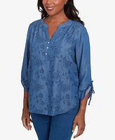 Alfred Dunner Women's Free Spirit Floral Embroidered Flared Sleeve Top