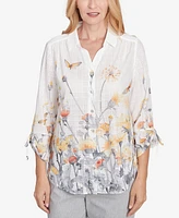 Alfred Dunner Women's Dress Code Button Down Butterfly Floral Top with Necklace