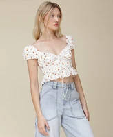 Avec Les Filles Women's Cotton Printed Pleated Cropped Peplum Blouse