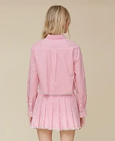 Avec Les Filles Women's Striped Lace-Trimmed Cropped Shirt