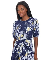 London Times Petite Printed Puff-Sleeve Midi Dress