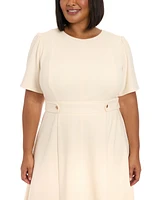 London Times Plus Crewneck Button-Tab Short-Sleeve Midi Dress