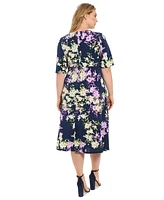 London Times Plus Printed Round-Pleat-Neck Dress