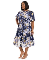 London Times Plus Printed Puff-Sleeve Midi Dress