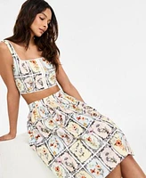 Avec Les Filles Womens Lace Trimmed Cropped Corset Top Printed Gathered Skirt