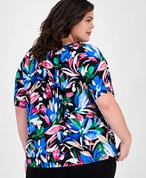 Ak Anne Klein Plus Floral-Print Short-Sleeve Top