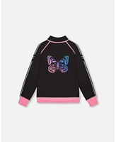 Deux par Girl Printed Reversible Full Zip Athletic Cardigan Pink, Blue And Butterflies - Toddler|Child