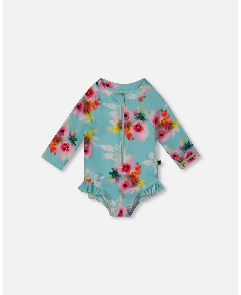 Deux par Baby Girls Printed One-Piece Rashguard With Frills Turquoise And Pink Flowers