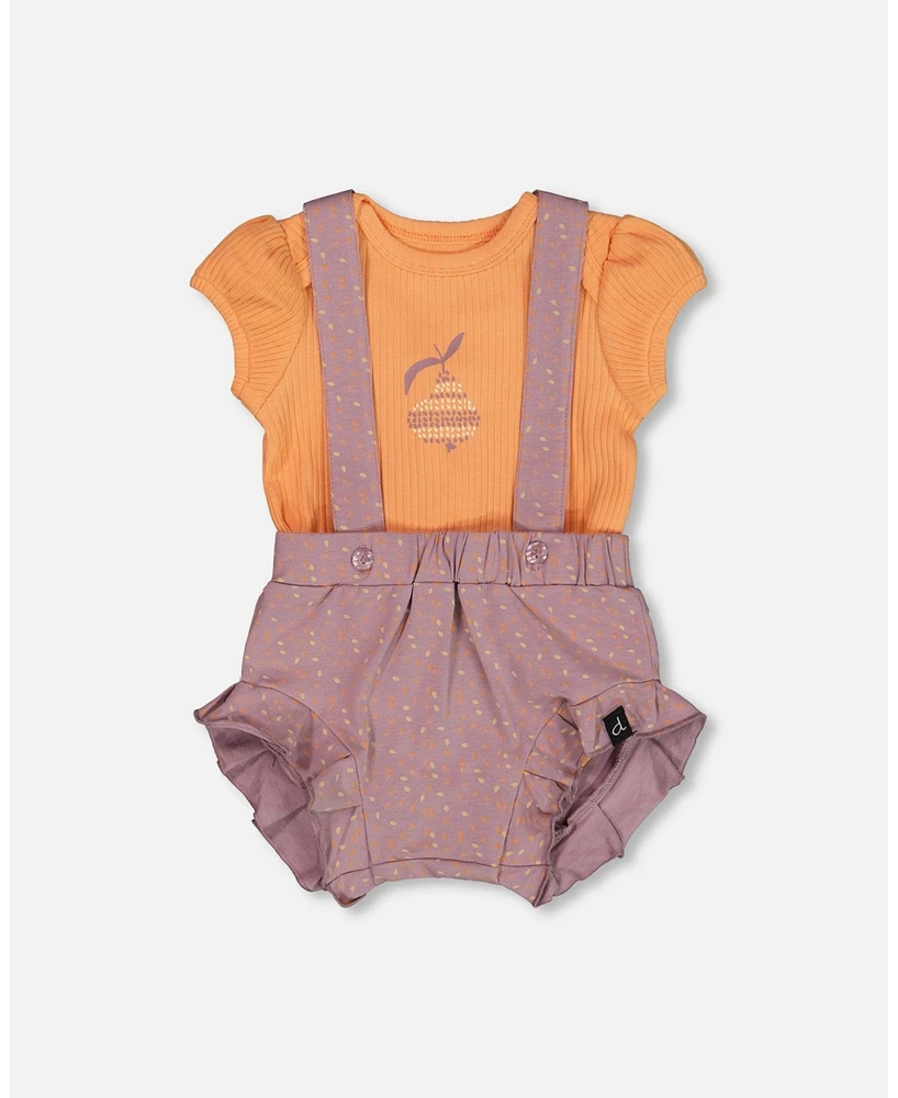 Deux par Baby Girls Printed Cotton Onesie And Shortall Set Orange Purple