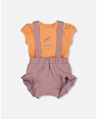 Deux par Baby Girls Printed Cotton Onesie And Shortall Set Orange Purple