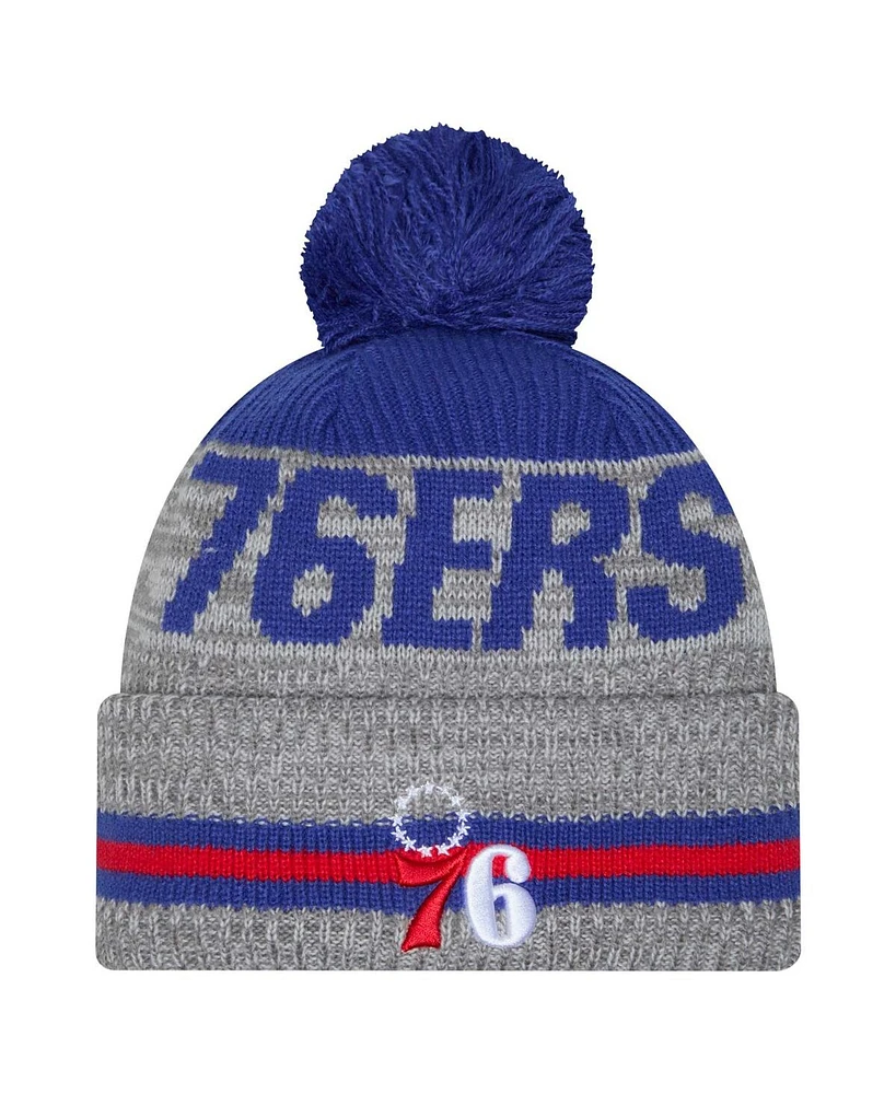 New Era Men's Gray Philadelphia 76ers Sport Night Runner Cuffed Knit Hat with Pom