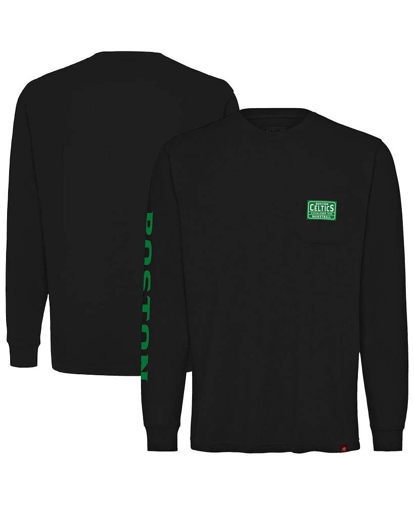 Sportiqe Men's and Women's Black Boston Celtics Wales Heavyweight Pocket Long Sleeve T-Shirt