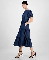 Anne Klein Women's Split-Neck Puff-Sleeve Denim Midi Dress