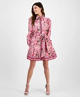 Anne Klein Women's Printed Long-Sleeve Belted Shirtdress