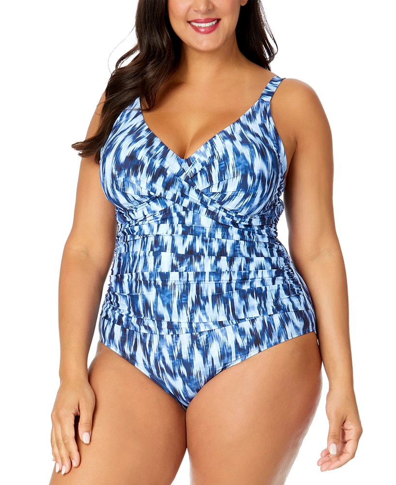 Anne Cole Plus Printed Draped-Front Underwire One-Piece Swimsuit