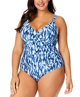 Anne Cole Plus Printed Draped-Front Underwire One-Piece Swimsuit