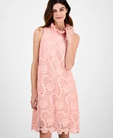 Anne Klein Women's Ruffle-Neck Sleeveless Shift Lace Dress
